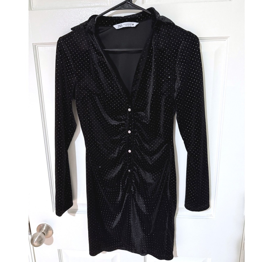 Zara‎ Black Velvet Polka Dot Ruched Mini Dress Silver Shimmer Long Sleeve XS